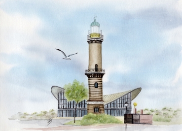 Poster DIN-A4 Watercolor Maritime Art Print Baltic Sea lighthouse Warnemünde Rostock Ocean Dunes